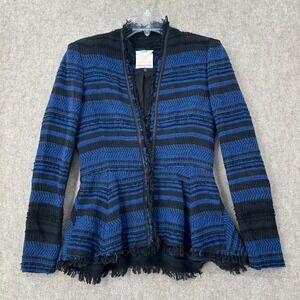 REBECCA TAYLOR Womans 0  Blue Black Striped Fringed Tweed Jacket Leather Trim‎